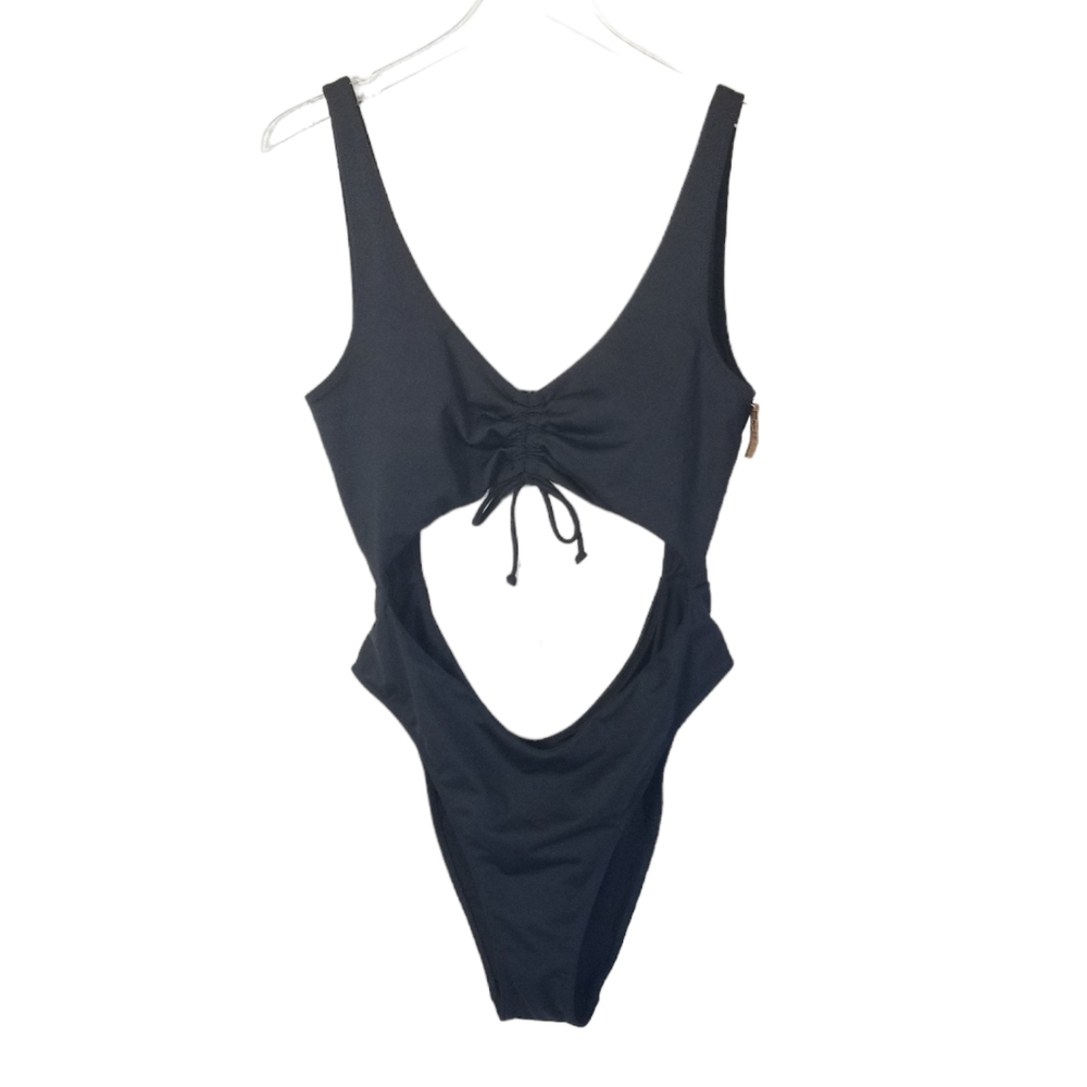 PINK Victoria's Secret Black Ruched Front One Piece Cut Out Swimsuit Size XL New